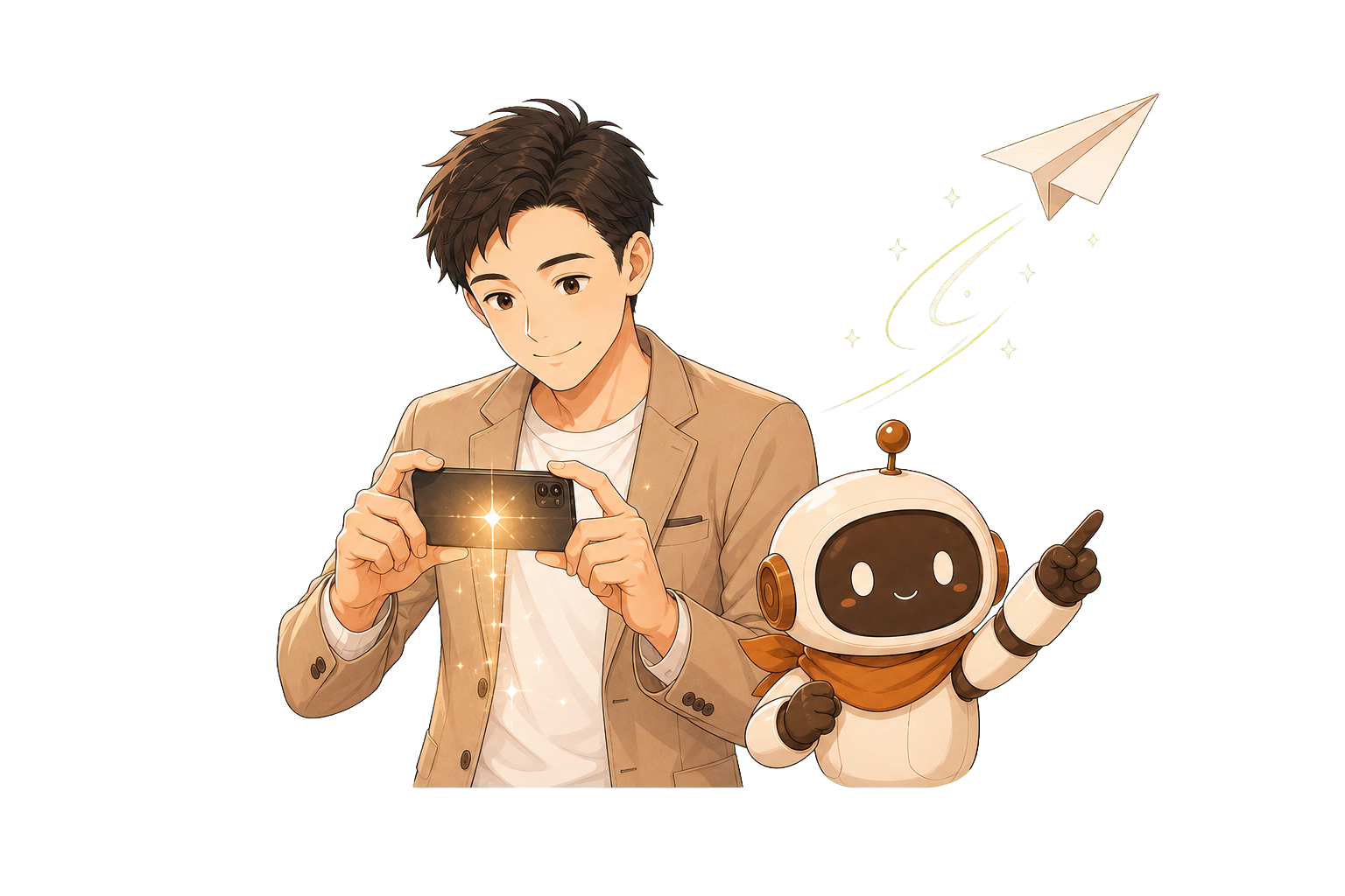 スマホで名刺を撮る男性とAIアシスタント